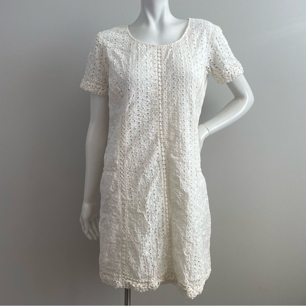 SUNDANCE Off-White Eyelet Short Sleeve Sheath Dress